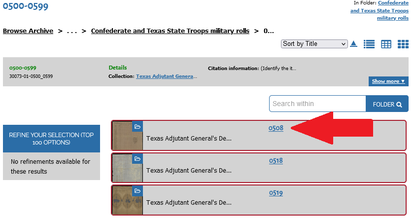 Screenshot of search results in the TDA for military rolls.