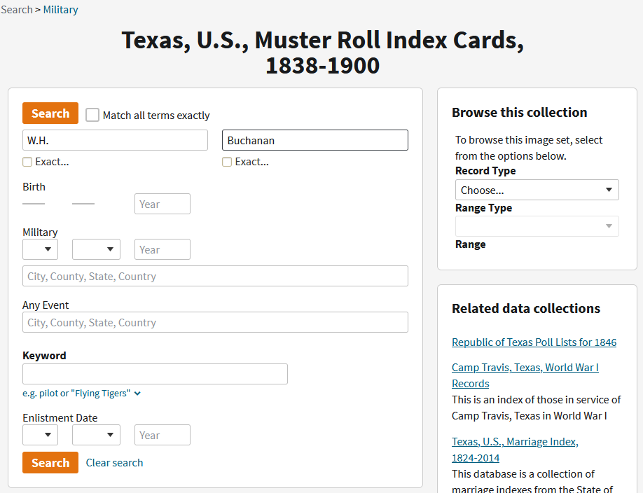 Screenshot of the Texas, Muster Roll Index Cards, 1838-1900 database in Ancestry.